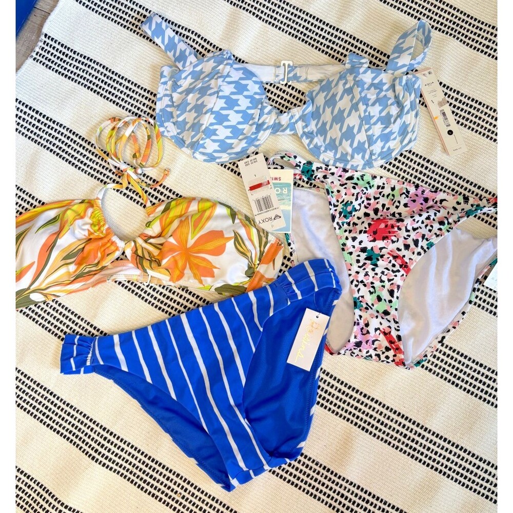 Lot of 4 Large ROXY Bikini Top and Bottoms Macy's Raisens Aqua